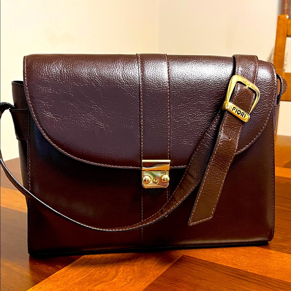 Brown Leather Crossbody Bag with Gold Buckle by FIORI